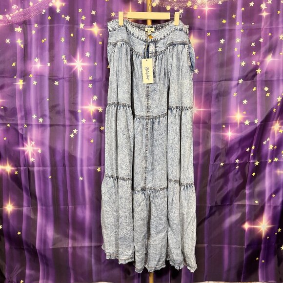 Blue Velvet - Denim Tiered Maxi Skirt with Smocking Detail - Medium Wash - XL - - Picture 3 of 8